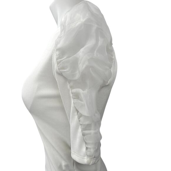 Zara Women's White Puff Sleeve Mesh Ruched Ribbed Knit Pullover Blouse Top Sz S - Picture 4 of 6